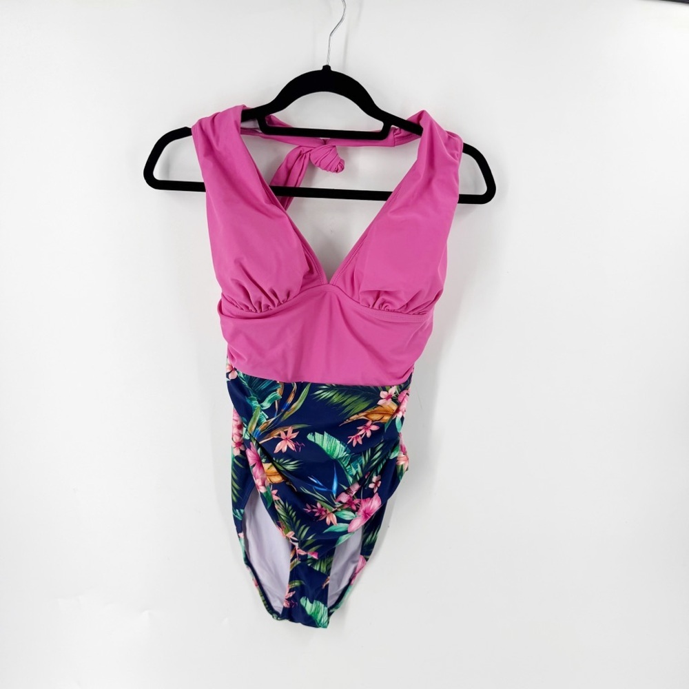 ✅NWT CUPSHE X Iskra Night Orchid Halterneck Tummy Control One-Piece‎ XXL
